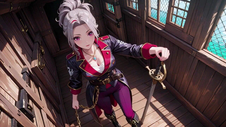 Tay Swift X: Silver-haired Pirate Queen! Sun-drenched Ship Cabin, Navy Uniform Slightly Damp,...