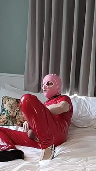 Hot Masked Cumslut in Full Red Pvc Catsuit