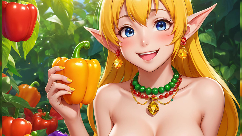 LustRender: Okouzlující nahá elf dívka si užívá čerstvou papriku v bujné zahradě
