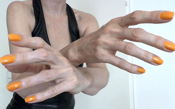 Lady Victoria Valente: Hand Fetish in Black Leather with Fingernails Painted Yellow