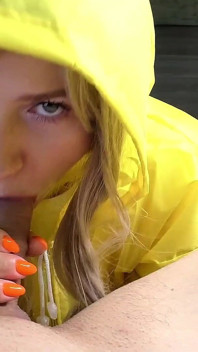 Neighbor Sucks a Friend's Cock After the Rain and Plays with Cum in Her Mouth!