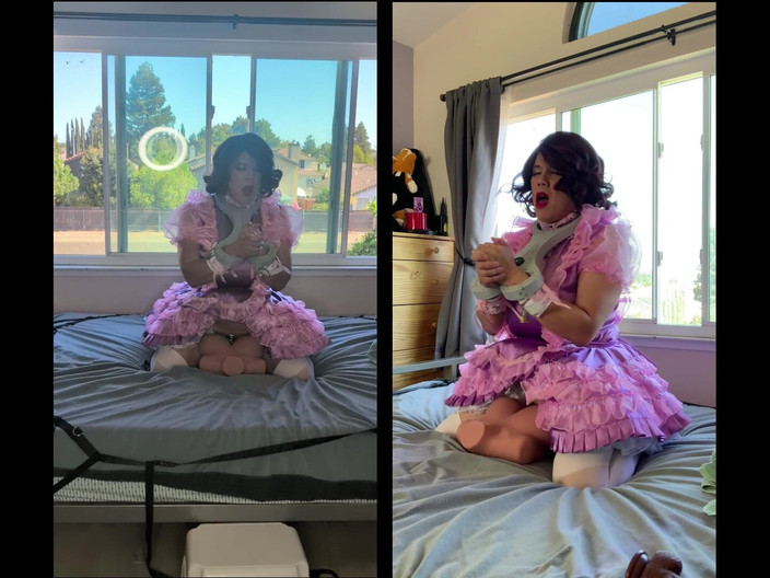 Sissy Candy: Růžová saténová Sissy Služka jezdí na své sexuální panně Hračka,...