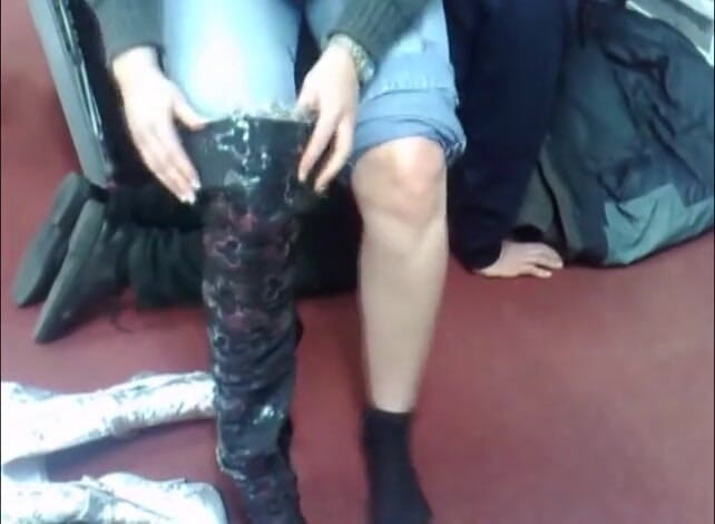 Foot Girls: Using slave as chair trying boots