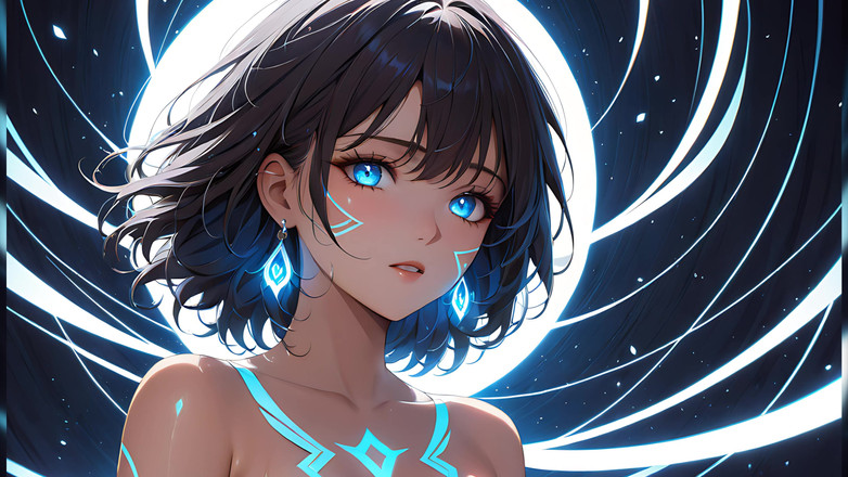 LustRender: Transe de luz, uma bela jovem com marcas místicas brilhantes