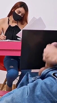 Risky Handjob for Receptionist Who Kept an Eye on My Erection!