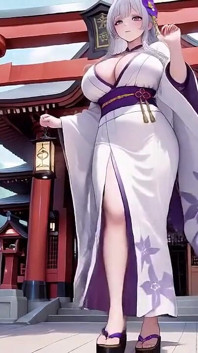 Stříbřité tajemství svatyně Miko! Napůl rozepnutá bílá kimono, klečící póza a intenzivní oční kontakt.
