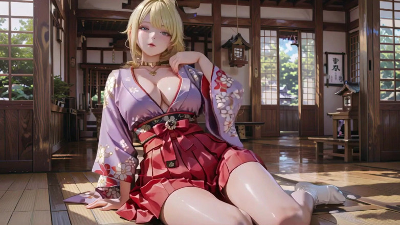 Seraphina Vale: Dewi pirang di koridor Jepang, tatapan malas, tangan di pinggul,...