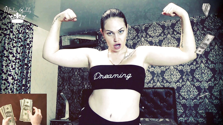 Goddess Misha Goldy: Büyük güçlü bicepsimin önünde cüzdan için 2 dakikalık boşaltma klipsi