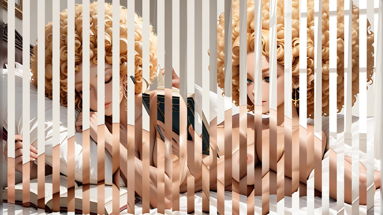 LustRender: Muscular Nude Woman with Short Strawberry Blonde Afro Curls Reading...
