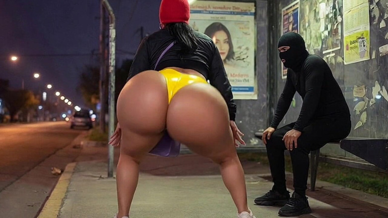 Animate golden: Big Ass Girl in Leather Pants at Bus Stop Ends...