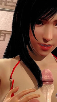Tifa Lockhart in rode korte jurk explodeert grote pik met haar grote tieten als masturbator