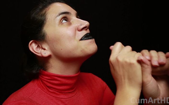 TheArtOfCum: CFNM - Red Turtleneck, Black Lips - Handjob + Cum Mouthful + Cum on...