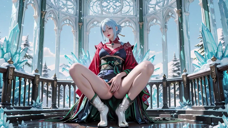 Seraphina Vale: Ice Throne! Silver-haired Mage in Red-green Gown Kneeling, Blue-haired Partner...