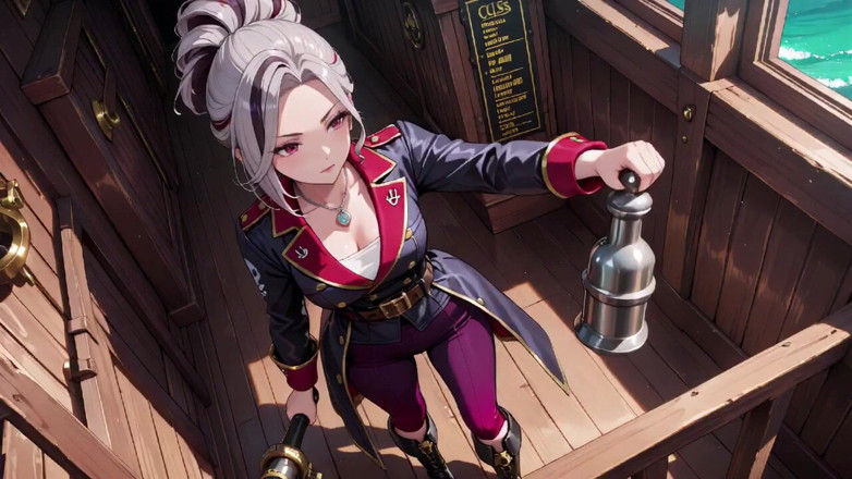 Tay Swift X: Silver-haired Pirate Queen! Sun-drenched Ship Cabin, Navy Uniform Slightly Damp,...