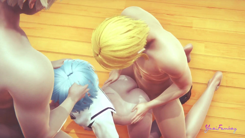 Yaoitube: Yaoi femboy - trio blue succhia il cazzo mentre viene scopata
