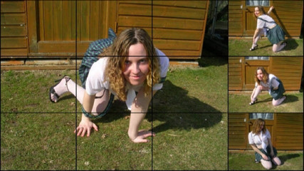 Littlevixen: Haley dengan seragam kampus dan stoking jala di luar ruangan