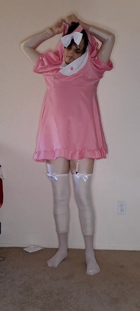 Pup Zentai: Pink spandex maid dress up