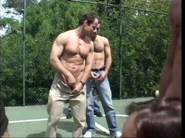 Group Bang: Horny brunette gives head to entire basketball team on court