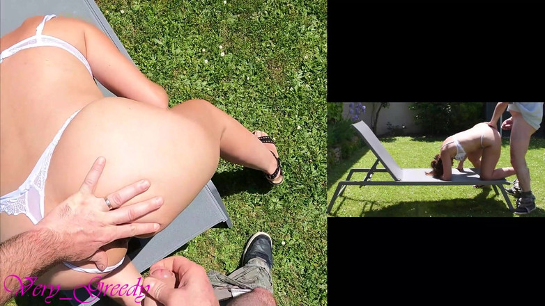 Les Gourmands: セクシーな白いランジェリーを着た美しいミルフが外でドギースタイルでセックスされ、大きなお尻に射精する