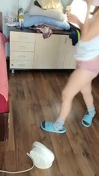 Sexy Brunette Having Fun Trying on Clothes. Sexy Stepmom Dances Naked Around the House.