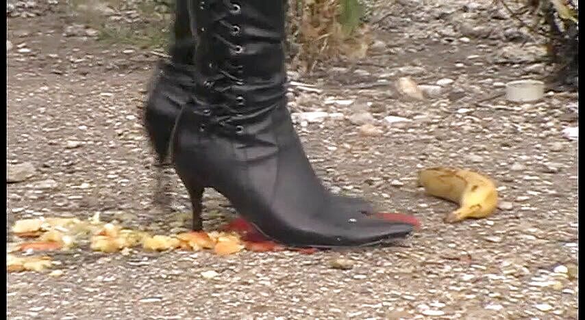 Crushing food outdoors with my high heels--Foot Girls