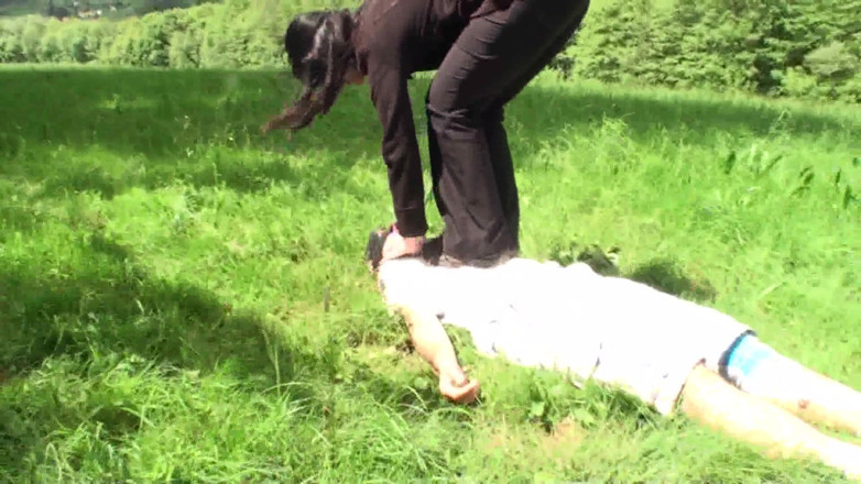 Femdom Austria: Outdoor trampling punishment with muddy shoes