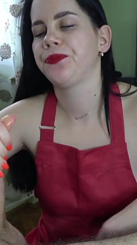 Beautiful Housewife with Red Lipstick Sucks Cock
