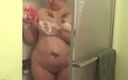 Solo Sensations: Tattooed fat chick strips to wash her tits and cunt...