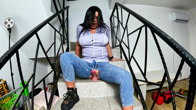 MilfyCalla: Crotchless Shiny Jeans JOI. Dildo Ride, Pee Play and Soaked...