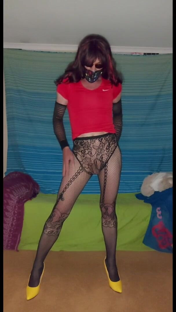 Lizzaali: Scene 1 of red top black fishnet pantyhose and fur coat...