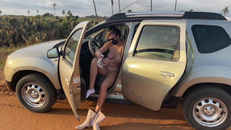 Batty Lux: Naked Busty Blonde Walks by Car on Public Road