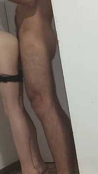He Ejaculates Inside My Slim Body, Standing and Wearing Sexy Lingerie.