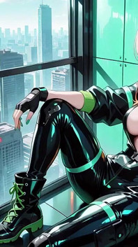Neon Rain Night! Blonde Agent in Wet Leather Crouching Low, Holographic Glow & Cold Glances.