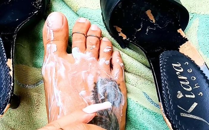 Ferreira studios: Using oil cream to massage my feet before wearing high...