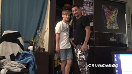 Surprise bareback party with friends: Slut blond twink Andrea fucked raw by straight arab