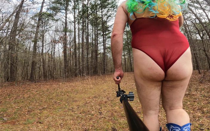 Jon Screcrow: Giant Fake Boobs Crossdresser Walking in the Woods in Lingerie