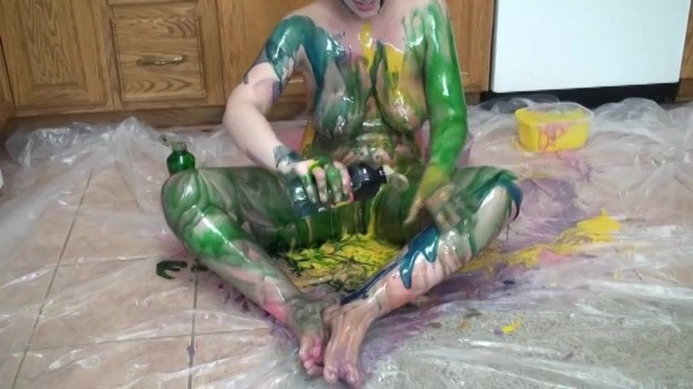 Solo Sensations: Young brunette whore pours food coloring all over her sexy...