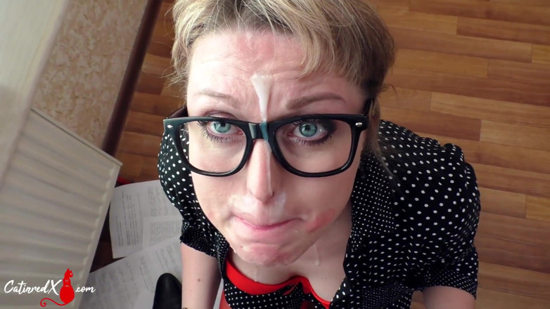 Catin Red: Secretary sucks big cock boss and cumshot on face POV