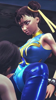 Chun Li Street Fighter 6 - Sexy Cosplay Anime Girl in Blue Latex Costume Gets Her Pussy Licked Through Tight Pants with Orgasm