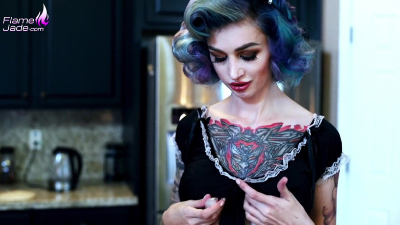 Flame Jade: Lady's maid on kitchen table play ass hole while there...
