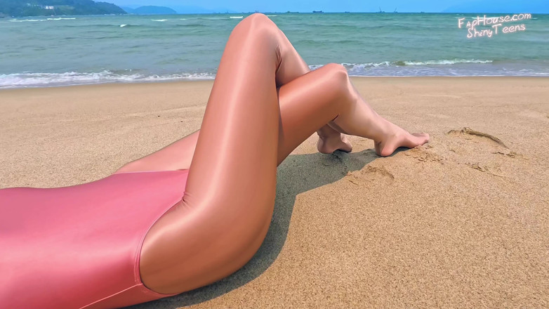 Shiny teens: 901 Shiny Gold Spandex Pantyhose and Leotard on the Beach