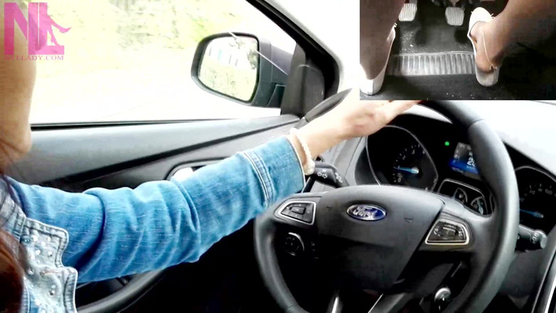Nyllady: Cool Pedal Pumping and Driving in Nude Pantyhose and White...