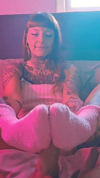 Pink Fluffy Sockjob Ends with Cum on Socks