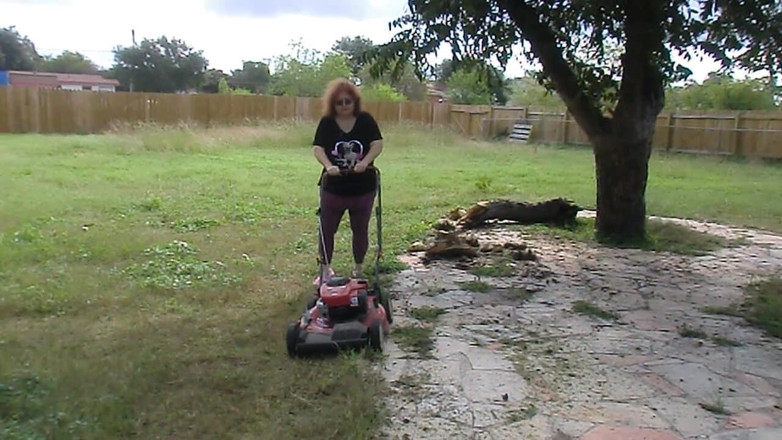 BBW nurse Vicki adventures with friends: Nurse Vicki Mowing Grass dressed then topless
