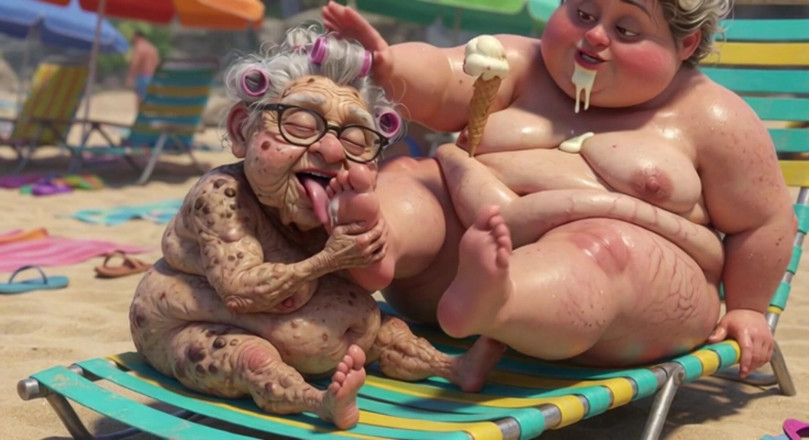 Anime Hentai: Elderly Granny Passionately Sucking BBW Feet on the Beach