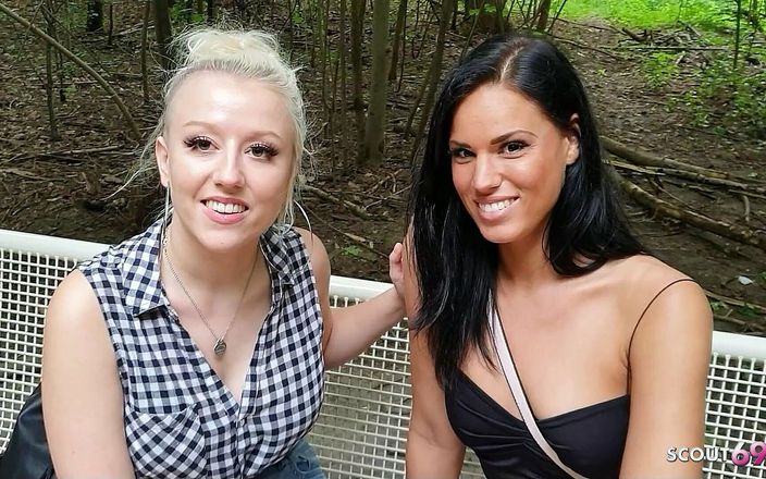Full porn collection: Twee echte Duitse tieners praten met amateur-vvm-trio in openbaar park