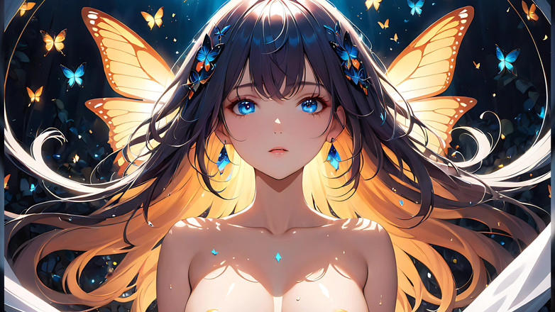LustRender: 蝶は輝く美しい若い女性で、輝く翼を周囲に広げている