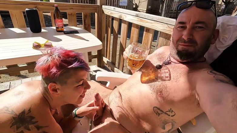 bekycarril: Outdoor Blowjob in a Camping on the Terrace While Sipping