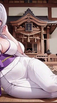 Stříbřité tajemství svatyně Miko! Napůl rozepnutá bílá kimono, klečící póza a intenzivní oční kontakt.
