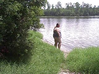 BBW nurse Vicki adventures with friends: BBW Angie Kimber public outdoor striptease nude play in lake